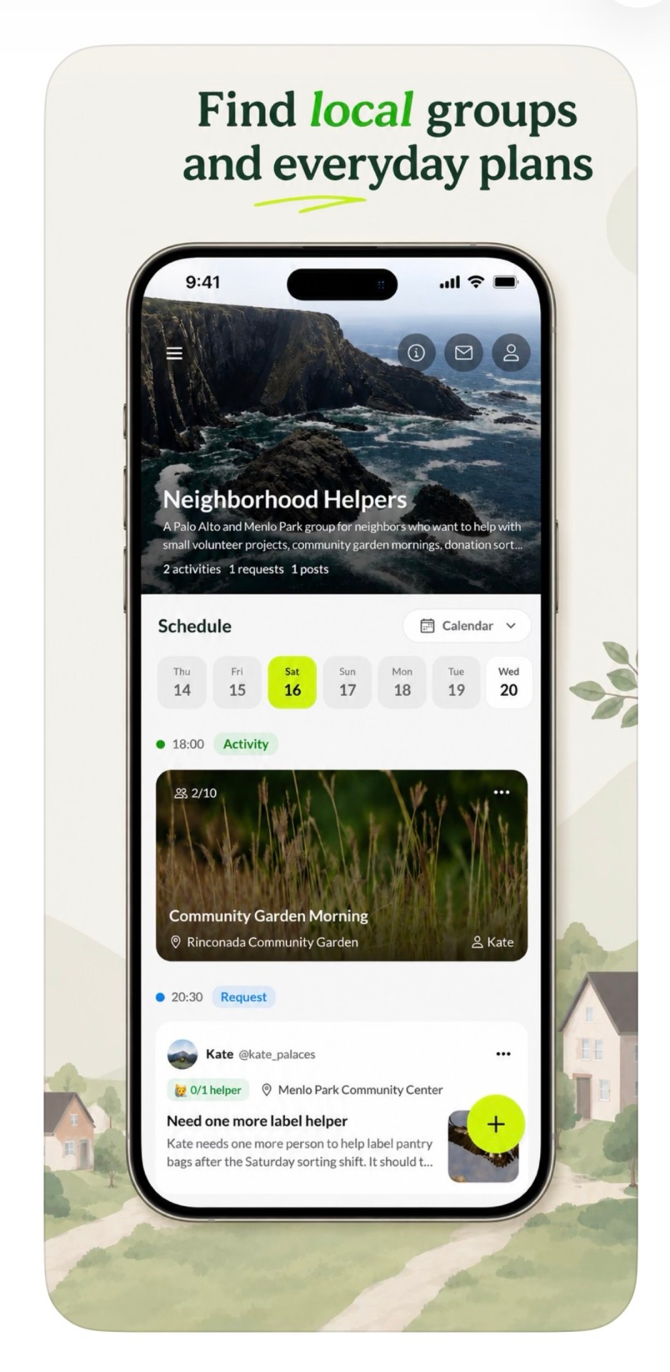 Palaces App showing local groups and everyday plans